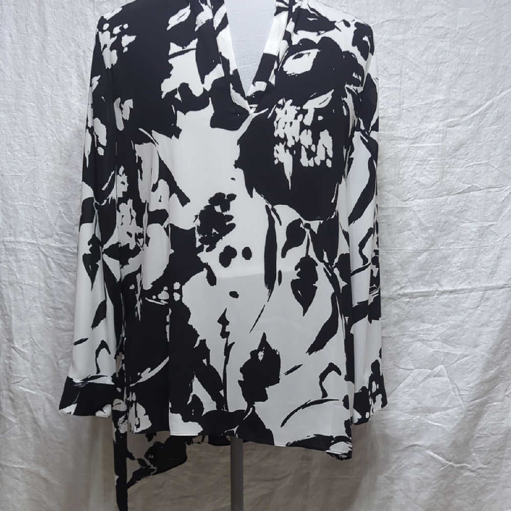 Chico's Black and White Asymmetrical Blouse with Notched Collar
